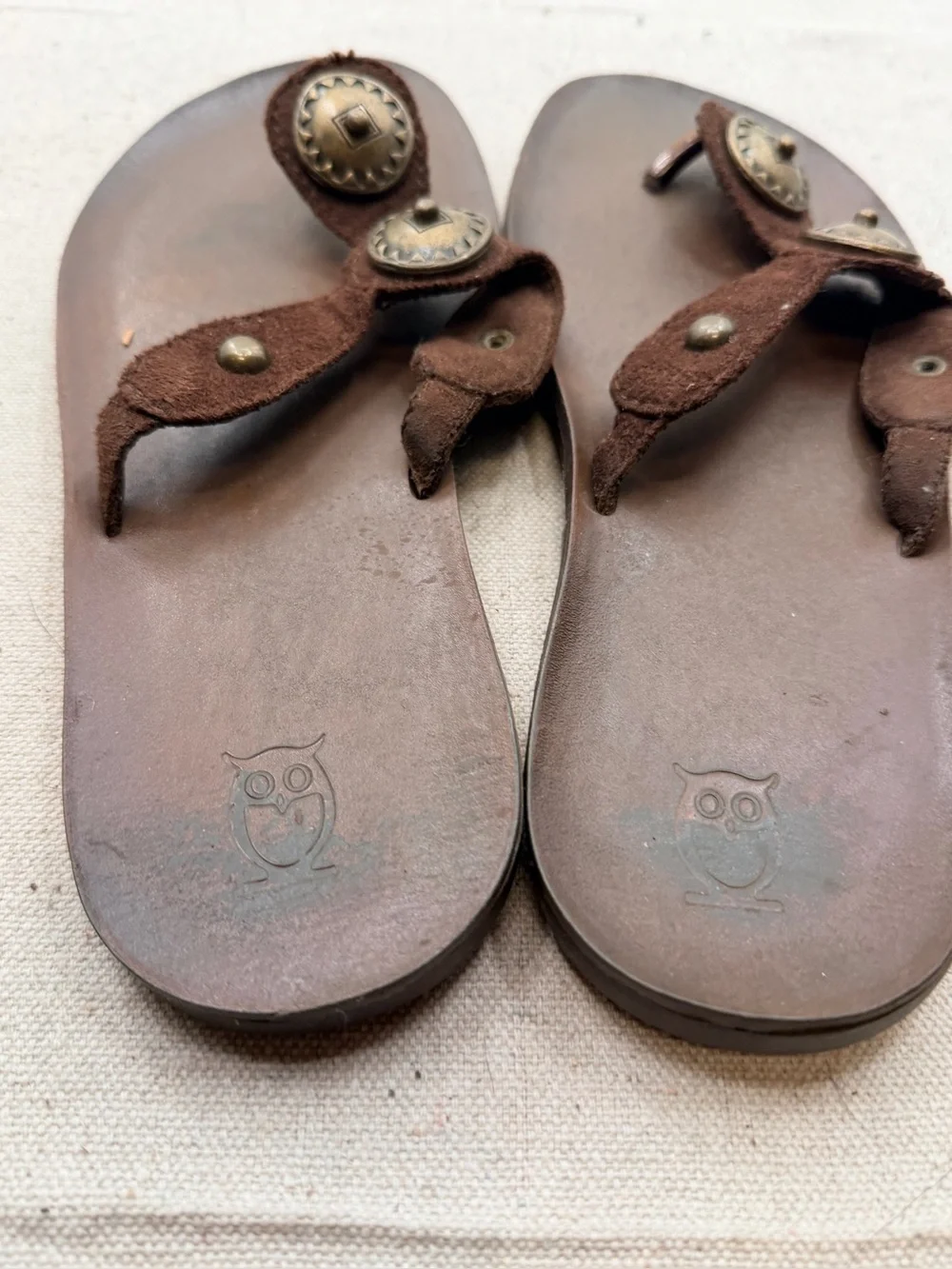 Mossimo Brown Leather Thong Sandals with Button Accent